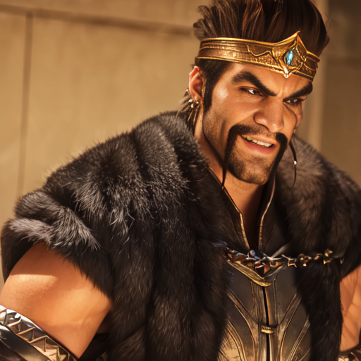 00712-3173387821-,1boy,solo,male focus,jewelry,facial hair,earrings,brown hair,brown eyes,manly,fur trim,realistic,teeth,crown,Gladiatorial arena.png